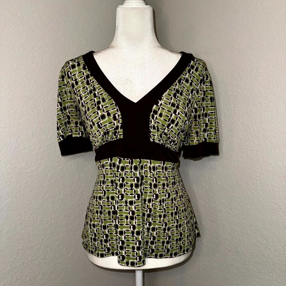 Apt.‎ 9 VTG Y2K Blouse Top Women's PM Green Brown Geometric V-Neck Short Sleeve